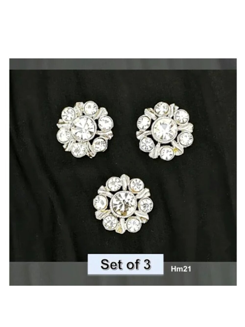 Set of 3 Clear Rhinestone Flower Metal Buttons Platinum-tone Metal Shank 23mm